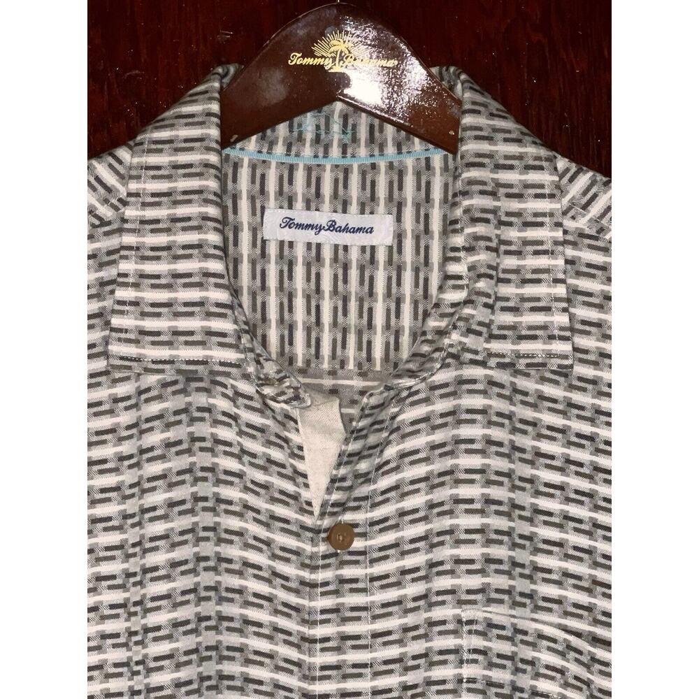 TOMMY BAHAMA SHADES OF BROWN DASH STRIP SILK SHIRT SIZE L / LARGE